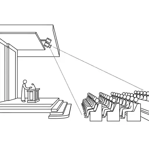 Camera positioning above stage with a clear view of the audience